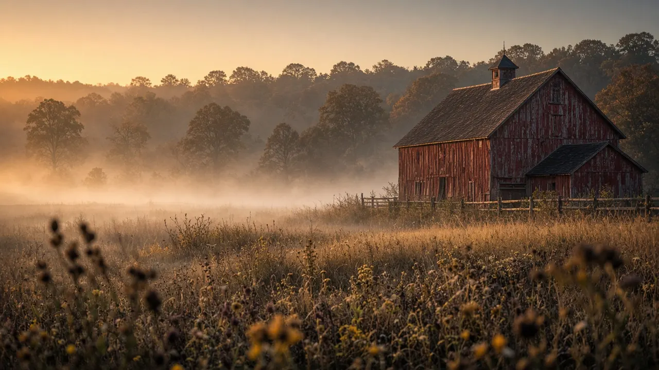 Old barn in morning fog near Mansfield